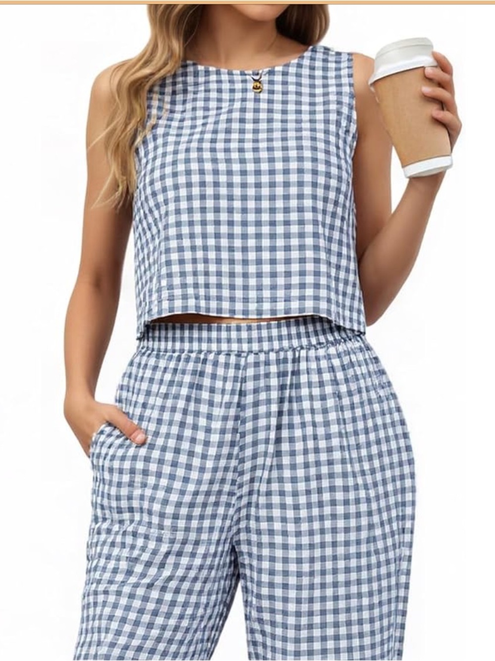 Women’s 2 Piece Linen Blue Gingham Tank Top Wide Leg Pants Set Size S 2 4 6 - Picture 2 of 9